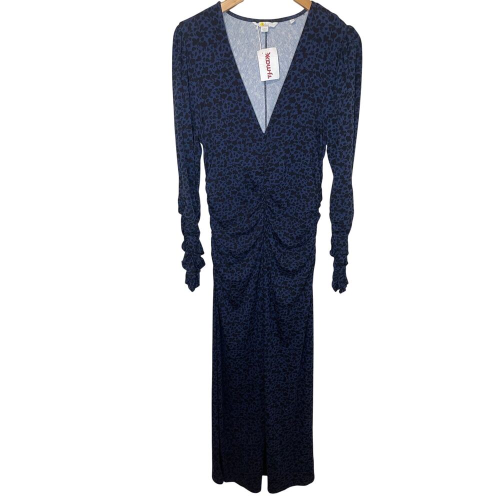 Boden Bodycon Scrunched Front Blue Black Floral Print Long Sleeve Boho Dress 12